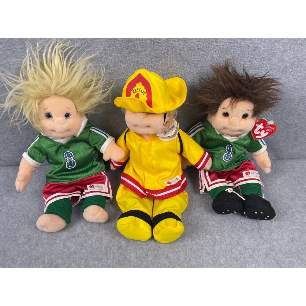 VTG Ty Lot of 3 Beanie Kids Bean Bag Plush Soccer Player Firefighter 10"